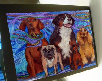 greeting card  print of original art- colorful dog canine line up zentangle