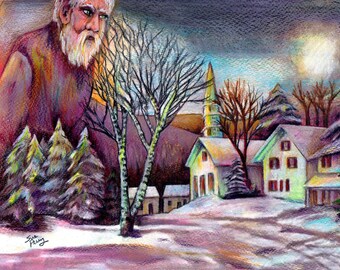 sALE original art  drawing 11x9 drawing matted to 16x20 unframed winter landscape church he watches over