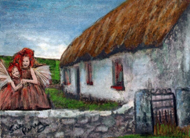 original art aceo drawing fairy girls red hair Irish cottage