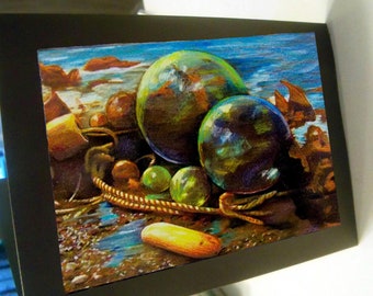 greeting card  print of original art- colorful fishing glass float green glass