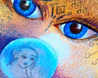 original art aceo card drawing-Bizzarre surreal baby globe