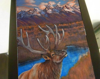 greeting card print of original art-  elk bugle Teton mountains landscape