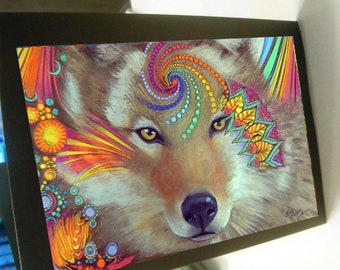 greeting card  print of original art- colorful coyote spirit animal  Zentangle