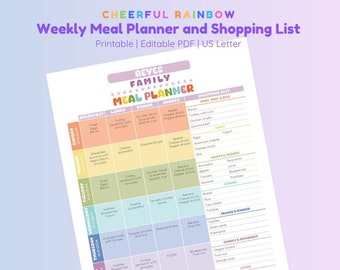 Printable Weekly Meal Planner and Grocery List - Editable PDF, US Letter, Fun Colorful Cheerful, Rainbow