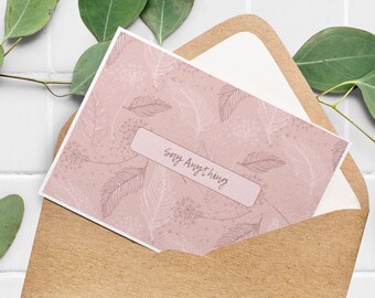 Dusty Rose Dandelions and Feathers Greeting Card - 6.25"x4" Editable PDF - Instant Download