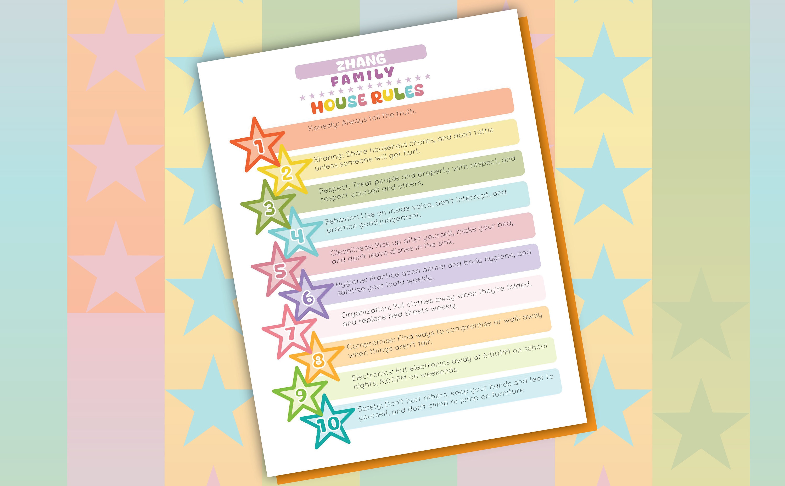 Printable Family Rules Chart - Instant Download Printable, Editable PDF, Fun Colorful Cheerful Stars