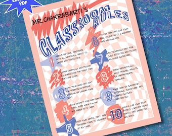 Printable Classroom Rules Chart - Instant Download Printable, Editable PDF, Punky Checker, Electric, Retro, Vibrant