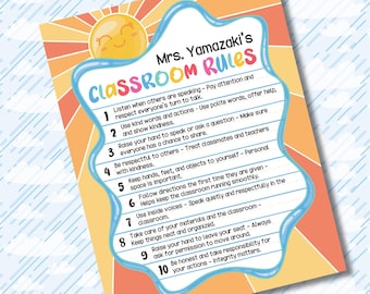 Printable Classroom Rules Chart - Instant Download Printable, Editable PDF, Kawaii Sunshine, Cheerful, Friendly, Vibrant