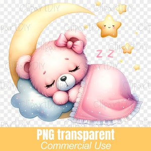 Beer slapende maan PNG, meisje babyshower clipart bundel, It's a Girl png-bestanden, Pink Girl douche png, gender reveal party, verjaardag meisje baby