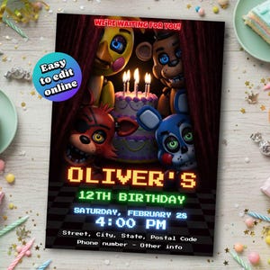 Decoración para fiesta de cumpleaños de Freddy Five Nights at Freddy's, invitación digital con temática de Fazbear, invitación de cumpleaños de juego de terror, fiesta infantil, descarga digital