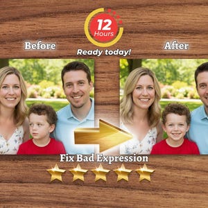 Puede incluir: Imagen que muestra un retrato familiar antes y después de una edición. El texto dice "Antes", "¡Listo hoy!" y "Después". La imagen también incluye el texto "Fix Bad Expression" y una flecha dorada.