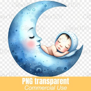 Bébé qui dort lune PNG, lot de cliparts babyshower garçon, c'est un garçon fichiers png, bleu Boy shower png, fête de révélation de genre, anniversaire de bébé garçon