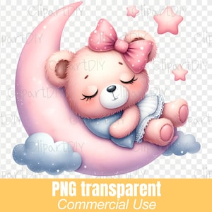 Orso che dorme luna PNG, bundle Girl Babyshower Clipart, file png It's a Girl, Pink Girl shower png, festa di rivelazione di genere, compleanno del bambino ragazza
