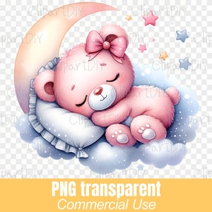 Orso che dorme luna PNG, bundle Girl Babyshower Clipart, file png It's a Girl, Pink Girl shower png, festa di rivelazione di genere, compleanno del bambino ragazza