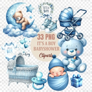 33 PNG, pacchetto Boy Babyshower Clipart, file png It's a Boy, Blue Boy shower png, festa di rivelazione di genere, compleanno del bambino ragazzo, uso commerciale