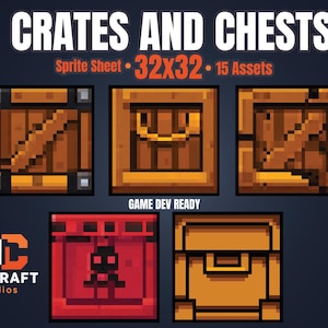 以下が含まれることがあります： ピクセル化された木箱とチェストのデジタルグラフィック。茶色とオレンジ色の木箱とチェストがいくつかあり、赤いチェストと「DIGICRAFT studios」のロゴがあります。上部のテキストは「CRATES AND CHESTS」です。