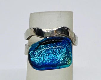 Dichroic Glasring, Türkis Wasser, Sterling Silber Einstellbar Wellenring (Größe 7-8.5)