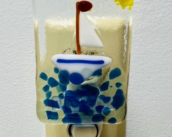 Fused Glass Nightlight, Sailing, white Boat, tropical water.