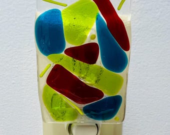 Fused Glass Nightlight, “Jazzy”, Turquoise, Lime green, Red.