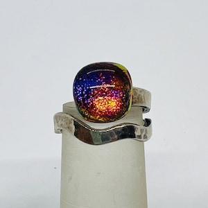 Dichroic Glass Adjustable Ring, Starry Fuchsia, purple, fuchsia pink, Sterling Silver Adjustable Wave Ring, Size 7-8.5