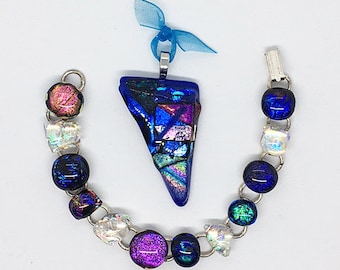 Fusing-Glas Anhänger & Armband Set, Kobalt, Rosa, Irisierend, Blau Grün, Lila, Türkis