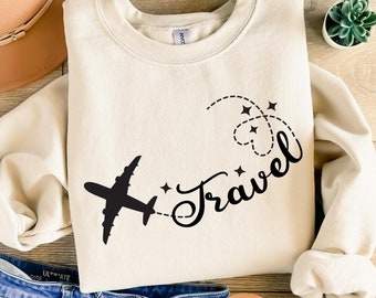 Sudadera "Vamos a viajar", regalo para amantes de los viajes, sudadera con cuello redondo para amantes de los viajes, sudadera para viajes por carretera, sudadera con capucha para viajes en avión, sudadera con corazón para vacaciones