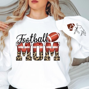 Custom Football Mom Sweatshirt, Mother&#39;s Day Gift, Football Mom Crewneck, Leopard Football Mom Gift, Football Mom Hoodie, Kid Name On Sleeve