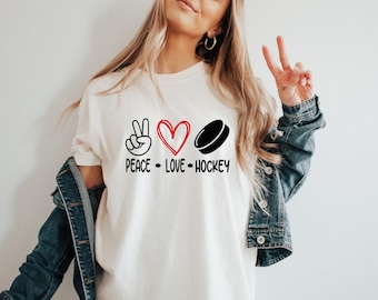 Peace Love Hockey T-Shirt, Hockey Lover Gift, Hockey Coach Shirt, Love Hockey Shirt, Cute Hockey Tee, Hockey Player Gift, Sports Lover Shirt