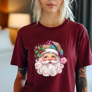 Pink Santa Claus Shirt, Patch Work Santa, Christmas