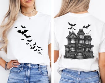 Spooky House Halloween T-Shirt, Spooky Bat Haunted Mansion Shirt, Scary Pumpkin Eyes Horror Shirt, Creepy Gothic House Tee, Trick or Treat