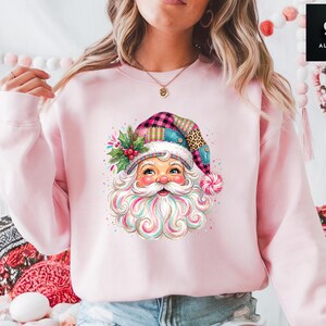 Pink Santa Claus Sweatshirt, Patch Work Santa, Christmas Hoodie Crewneck