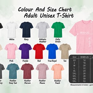 The image is a color and size chart for an adult unisex t-shirt, displaying various color options and corresponding measurements.