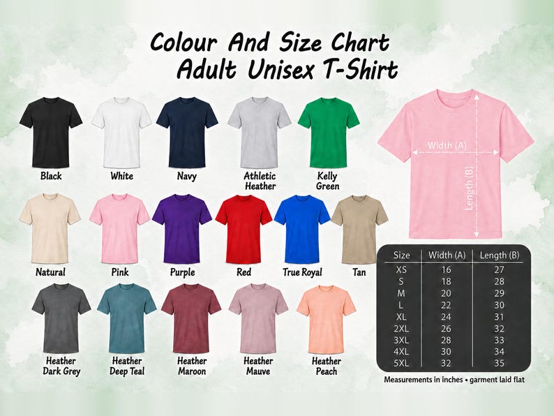 The image is a color and size chart for an adult unisex t-shirt, displaying various color options and corresponding measurements.