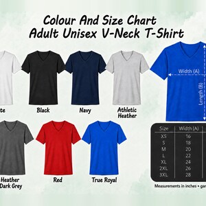The image is a color and size chart for an adult unisex V-neck t-shirt. It displays various color options and corresponding sizes, along with measurements in inches and a garment laid flat.