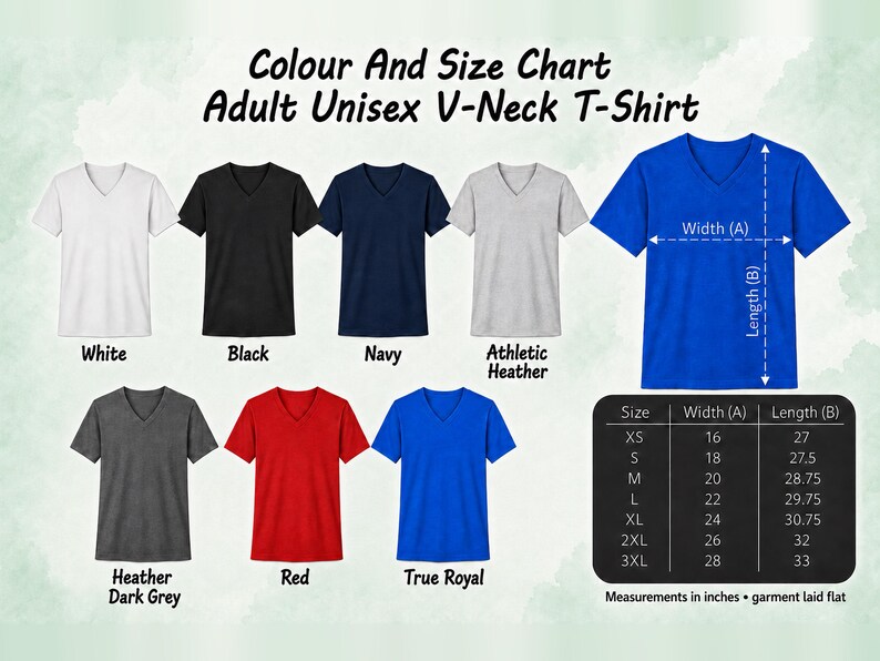 The image is a color and size chart for an adult unisex V-neck t-shirt. It displays various color options and corresponding sizes, along with measurements in inches and a garment laid flat.