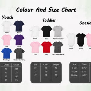The image is a color and size chart for children's clothing, including different types of shirts and sizes for different age groups.