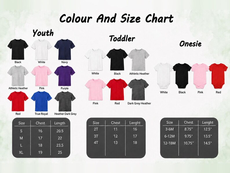 The image is a color and size chart for children's clothing, including different types of shirts and sizes for different age groups.