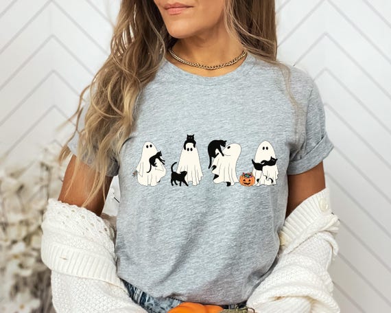 Cute Ghosts and Cats Halloween Shirt, White Ghost Black Cat Halloween Shirt, Spooky Season Tee, Cat Lover Gift, Halloween Gift for Cat Owner