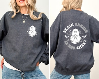 Brain Cancer Awareness Ghost Sweatshirt, Halloween Ribbon Crewneck Hoodie