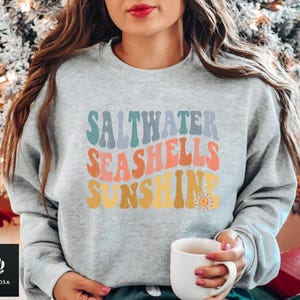 Retro Saltwater Seashells Sunshine Sweatshirt, Summer Beach Hoodie, Vacation Outfits, Ocean Lover Gifts, Summer Trip, Summer Vacation Sweat