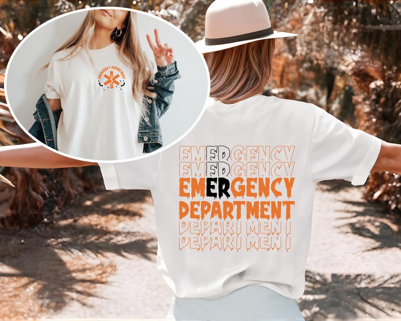 May include: White t-shirt with an orange and black "Emergency Department" graphic on the back. The front of the shirt has a smaller orange and black graphic of a medical star.