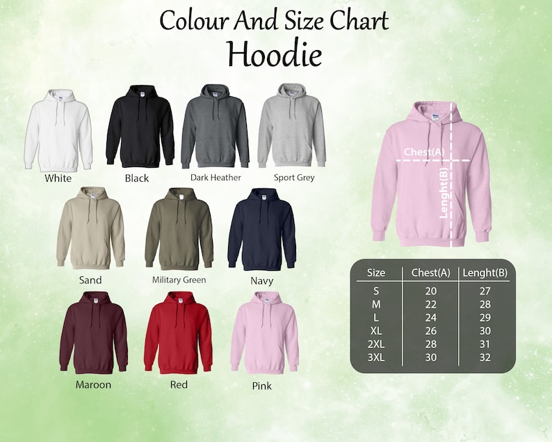 Puede incluir: Tabla de colores y tallas para sudaderas con capucha en varios colores, incluyendo blanco, negro, gris oscuro jaspeado, gris deportivo, arena, verde militar, azul marino, granate, rojo y rosa. La tabla muestra las medidas de pecho y longitud en pulgadas para las tallas S, M, L, XL, 2XL y 3XL.