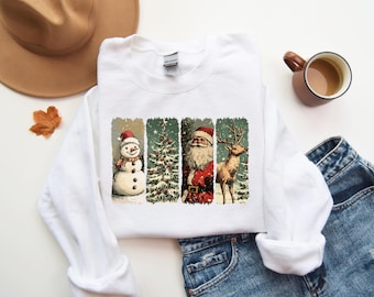 Retro Christmas Sweatshirts, Funny Snowman Hoodie, Merry Christmas Santa Claus Crewneck, Christmas Deer