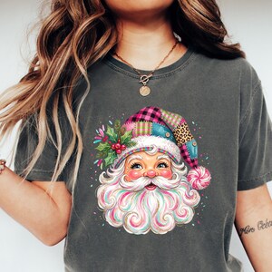 Comfort Colors® Christmas Pink Santa Claus Shirt, Patch Work Tee