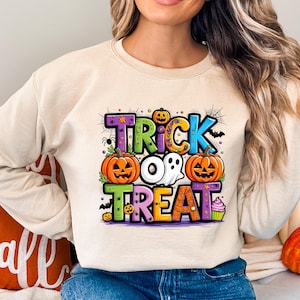 Trick or Treat Halloween Ghost Sweatshirt, Halloween Spooky Pumpkin Hoodie, Funny Halloween Trick or Treat, Colorful Trick or Treat Crewneck
