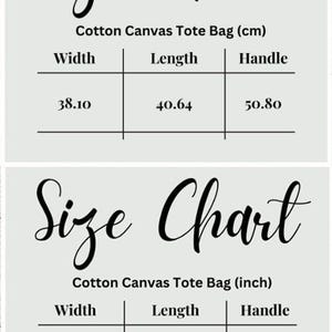 May include: Size chart for a cotton canvas tote bag showing width, length, and handle measurements in inches and centimeters.