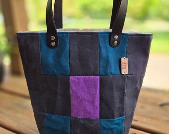 Patchwork Bucket Tote Charcoal/ Teal/ Purple
