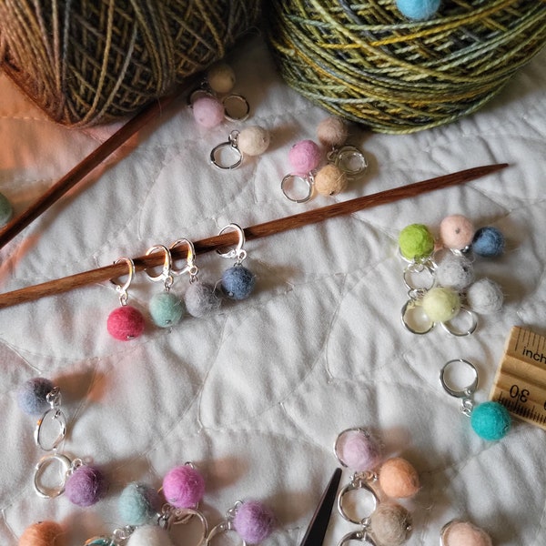 Set of 4 - Silver Clasp Felted Wool Ball Stitch Markers