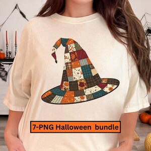 May include: Cream-colored t-shirt featuring a patchwork witch hat design in autumnal colors. The hat has a wide brim and a curved tip. The text "7-PNG Halloween bundle" is in a rectangular box at the bottom.