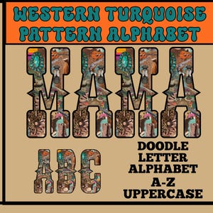 Western Turquoise Pattern Alphabet, Trendy Country Western Font, Cowboy Sublimation, Turquoise stone Alpha, Rugged Letters, digital alphabet